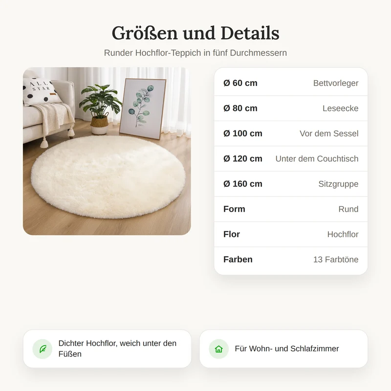 Runder Hochflor-Teppich Ø 60 bis 160 cm – Weicher Shaggy-Teppich für Wohnzimmer und Schlafzimmer