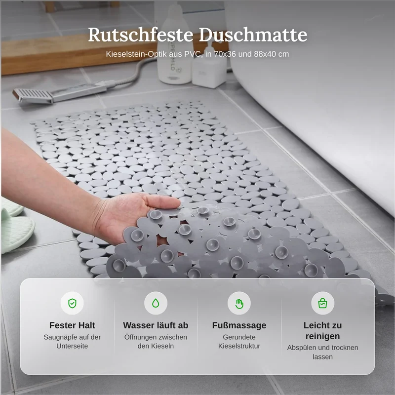 Rutschfeste Duschmatte in Kieselstein-Optik 70x36 und 88x40 cm – Badematte mit Saugnäpfen