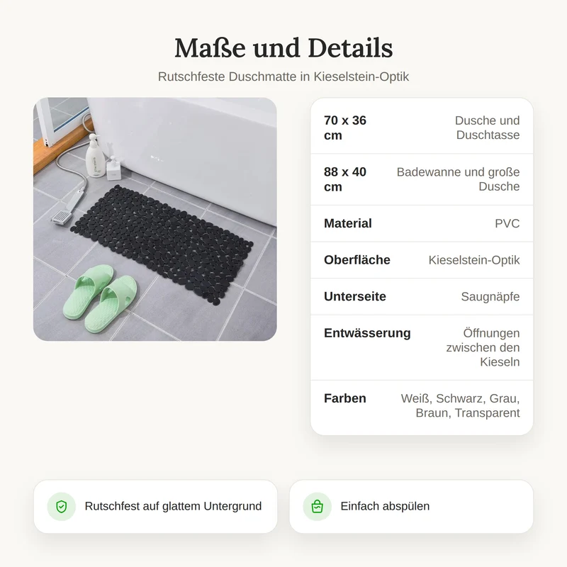 Rutschfeste Duschmatte in Kieselstein-Optik 70x36 und 88x40 cm – Badematte mit Saugnäpfen
