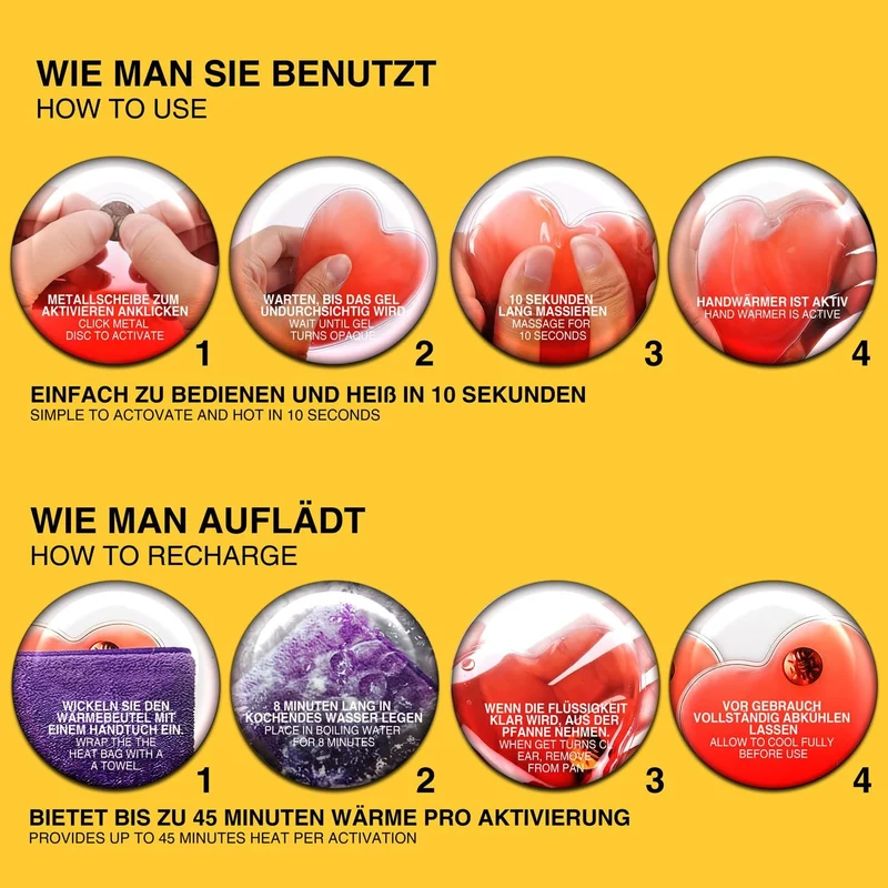 5x Taschenwärmer Herzform - Wiederverwendbare Wärmekissen 55°C