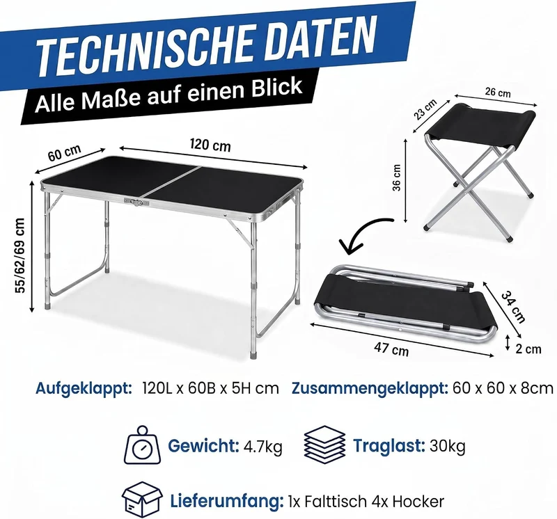 Klappbarer Campingtisch 120x60cm inkl. 4 Hocker für Outdoor