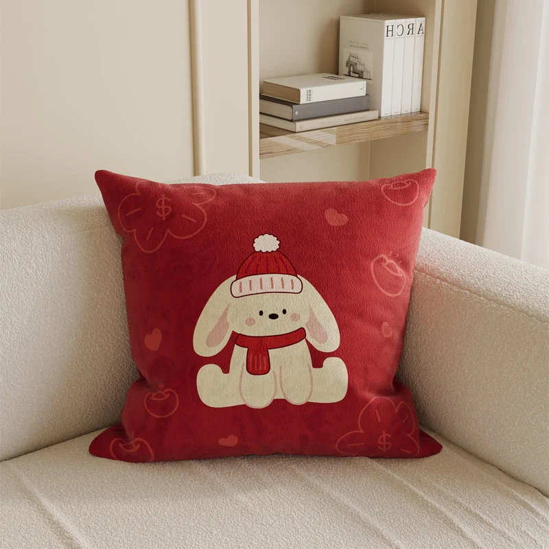 Square Cotton-Linen Throw Pillow Cover with Checkered Grid and Speech-Bubble Heart Graphics