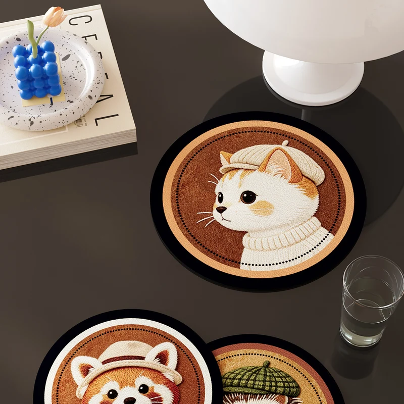 Round Embroidered Faux-Leather Drink Coaster Set with Non-Slip Backing