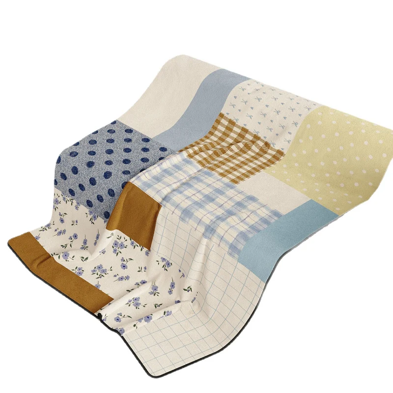 Reversible Patchwork Plush Throw Blanket with Mixed Plaid Stripes and Floral Panels