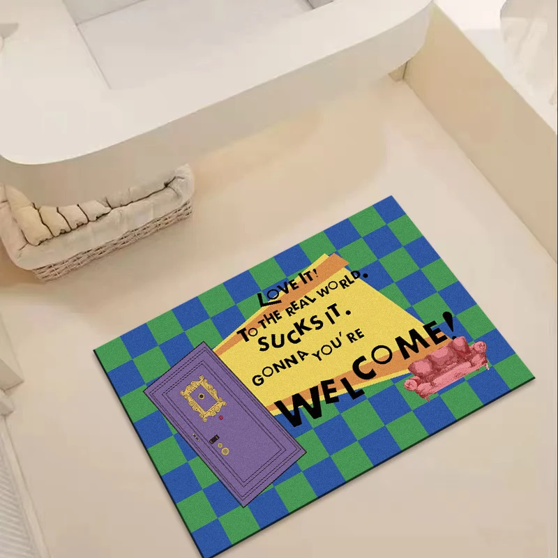 Retro Illustrated Welcome Doormat with Printed Door and Couch Design