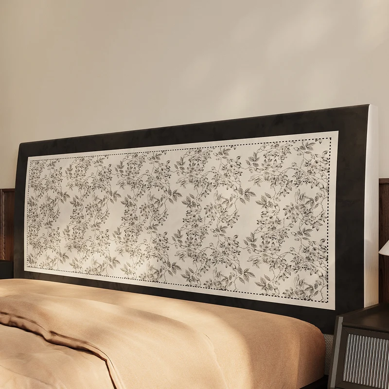 Removable Quilted Upholstered Headboard Slipcover with Framed Toile Floral Panel