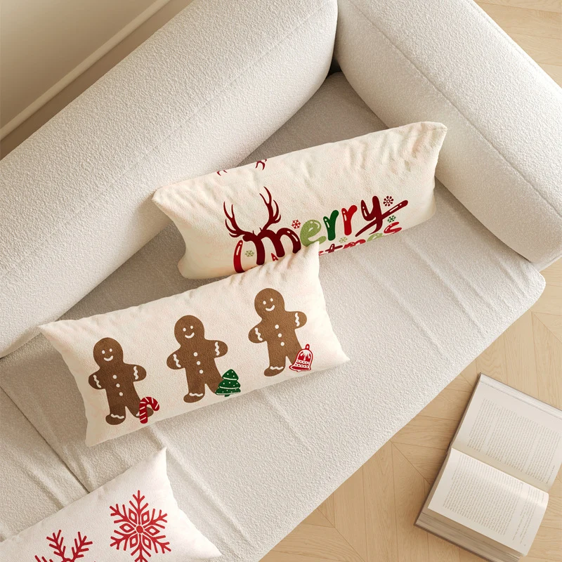 Rectangular Festive Lumbar Pillow Cover with Merry Christmas Typographic Print and Reindeer Antler Accent