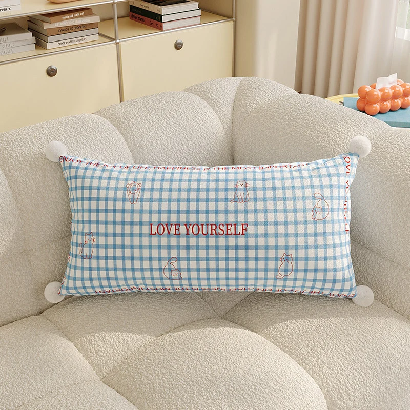 Rectangular Argyle-Pattern Lumbar Pillow Cover with Embroidered Slogan, Cat Motifs and Pom-Pom Corners