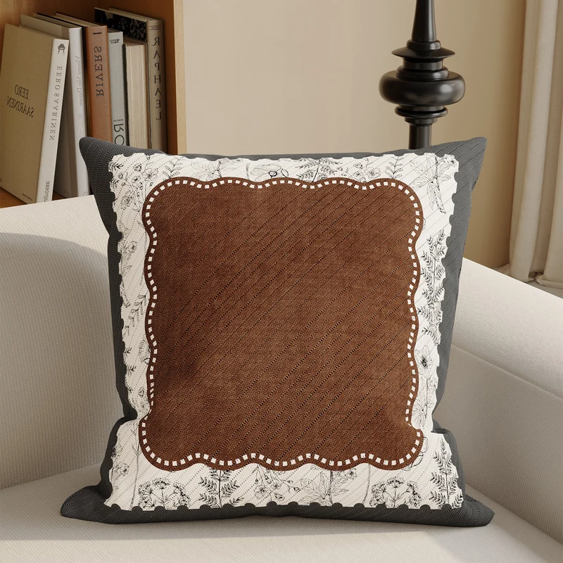 Quilted Square Decorative Pillow Cover with Scalloped Lace-Style Floral Center and Textured Contrast Border