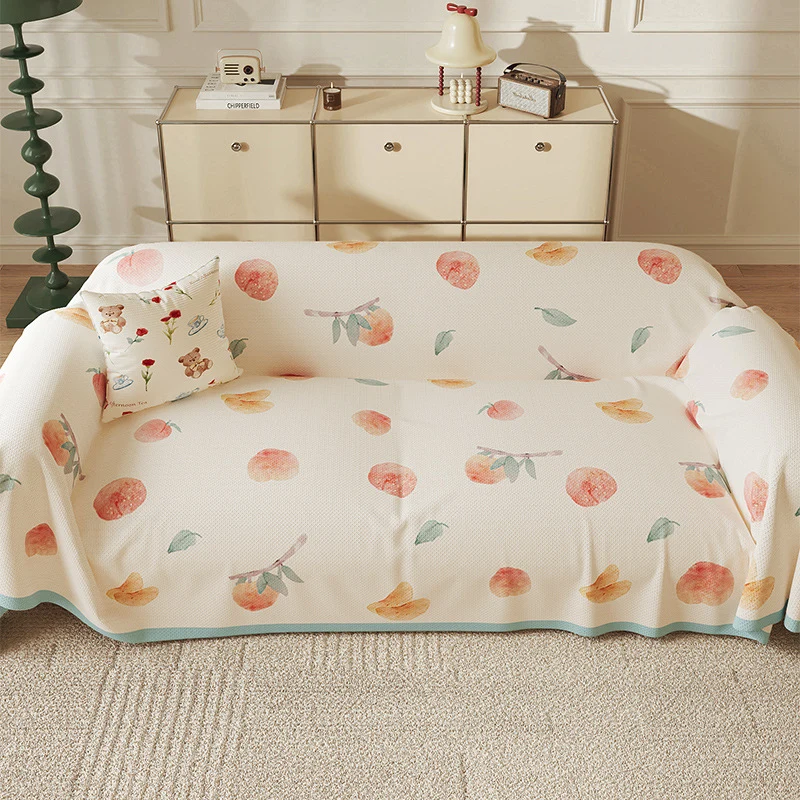 Quilted Peach-Print Sofa Slipcover Throw with Textured Waffle Weave