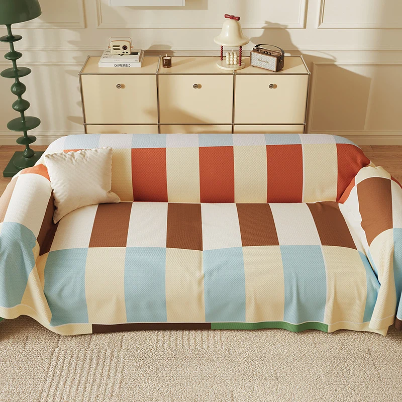 Quilted Oversized Plaid Sofa Slipcover with Armrest Drapes and Non-Slip Backing