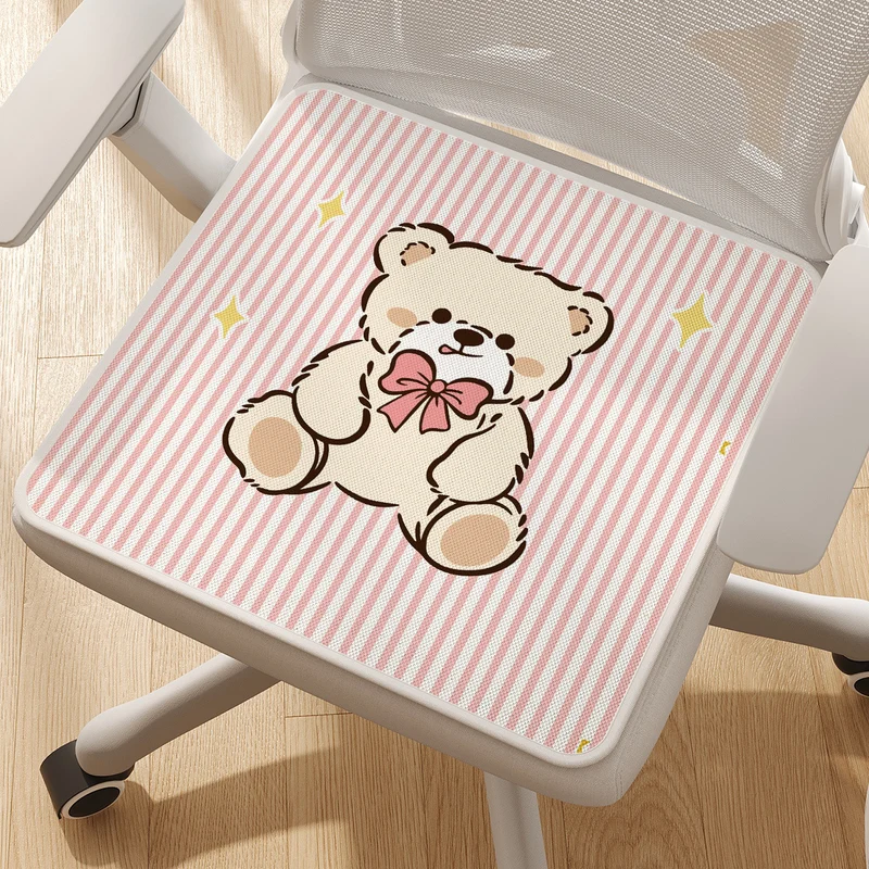 Plush Ergonomic Chair Seat Cushion Pad with Non-Slip Backing and Cute Teddy Illustration
