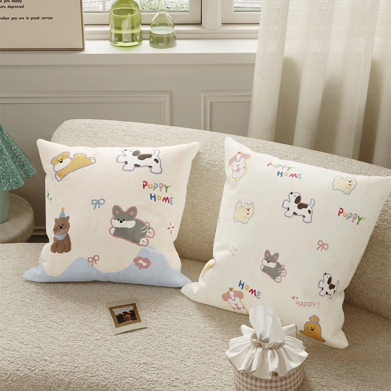 Plush Decorative Square Pillow Cover with Cartoon Puppy Appliqué and Soft Microfiber Finish