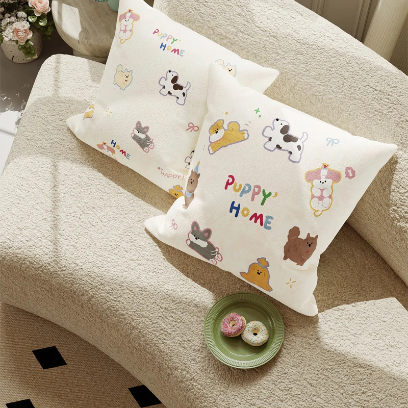 Plush Decorative Square Pillow Cover with Cartoon Puppy Appliqué and Soft Microfiber Finish