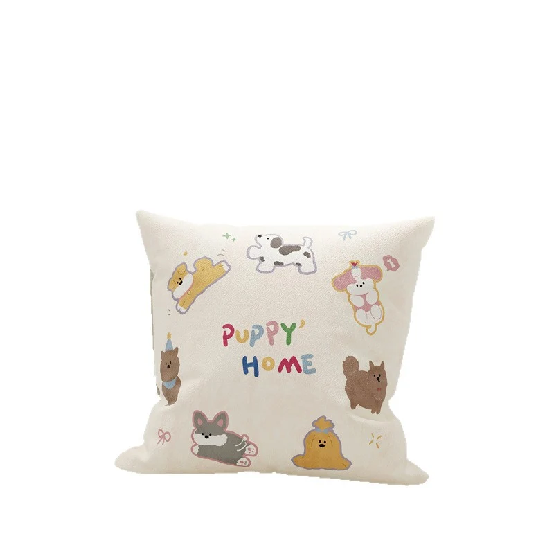Plush Decorative Square Pillow Cover with Cartoon Puppy Appliqué and Soft Microfiber Finish