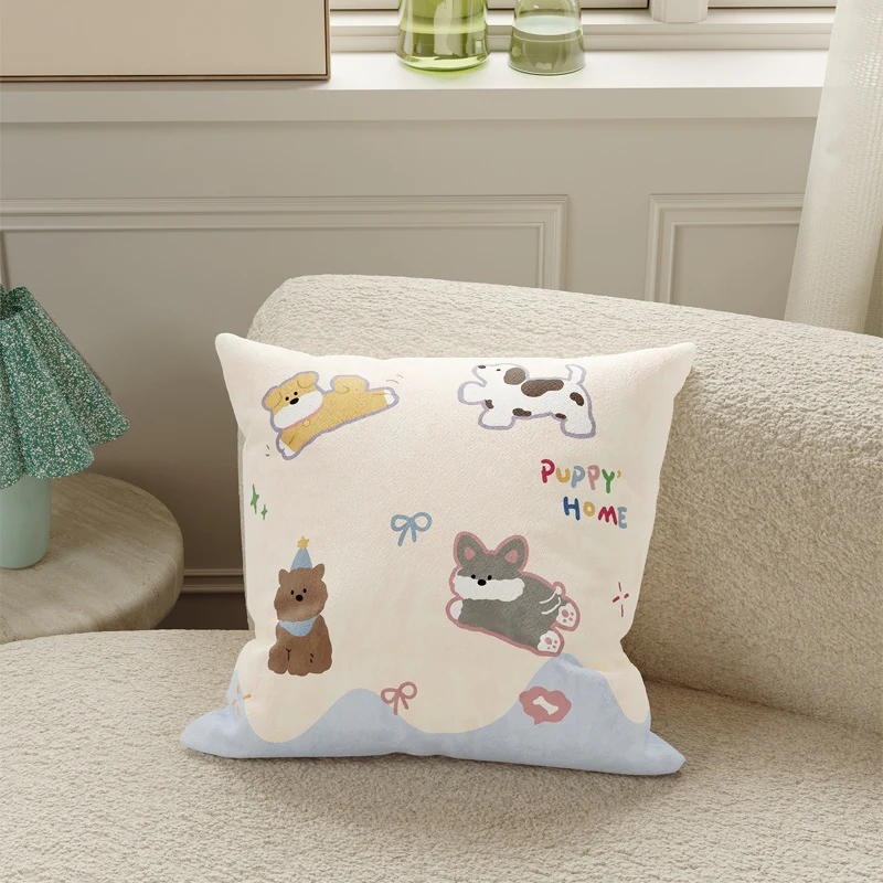 Plush Decorative Square Pillow Cover with Cartoon Puppy Appliqué and Soft Microfiber Finish