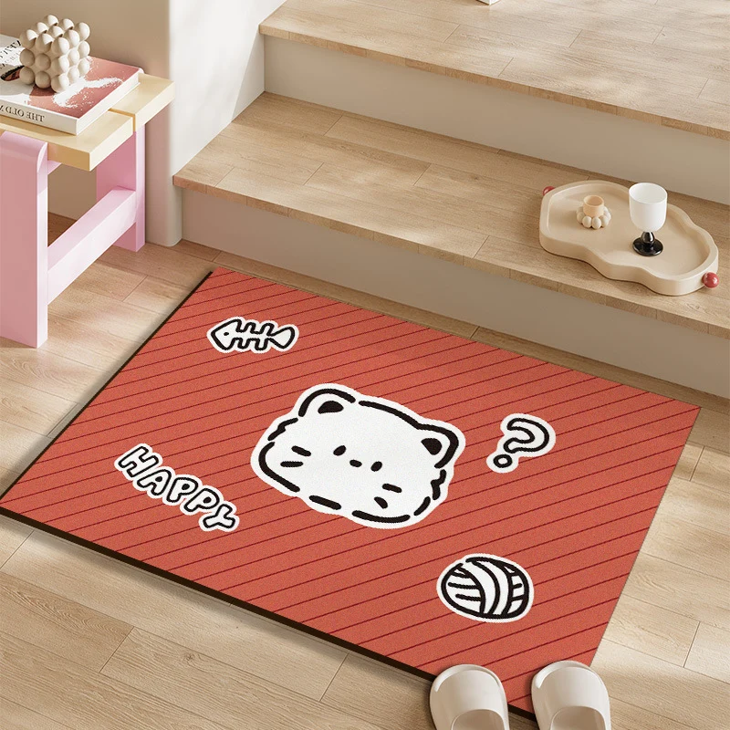 Plush Absorbent Non-Slip Bathroom Door Mat with Cartoon Stretching Cat and Paw Print