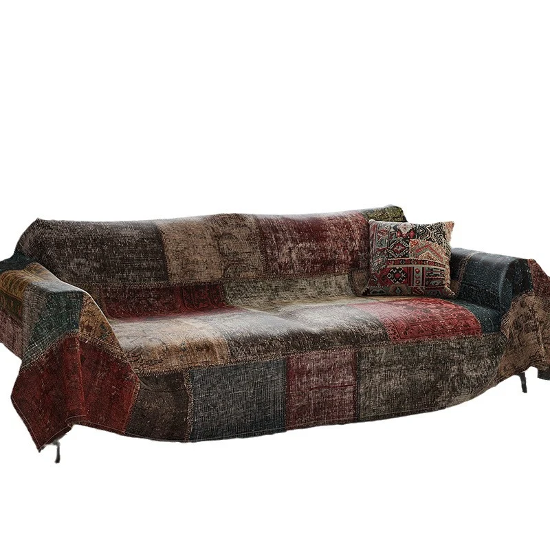 Patchwork Vintage-Style Reversible Sofa Slipcover with Matching Pillow Cover