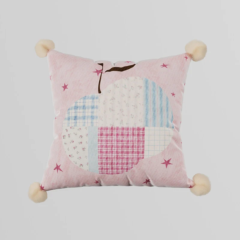 Patchwork Pear Appliqué Decorative Throw Pillow with Pom-Pom Corners