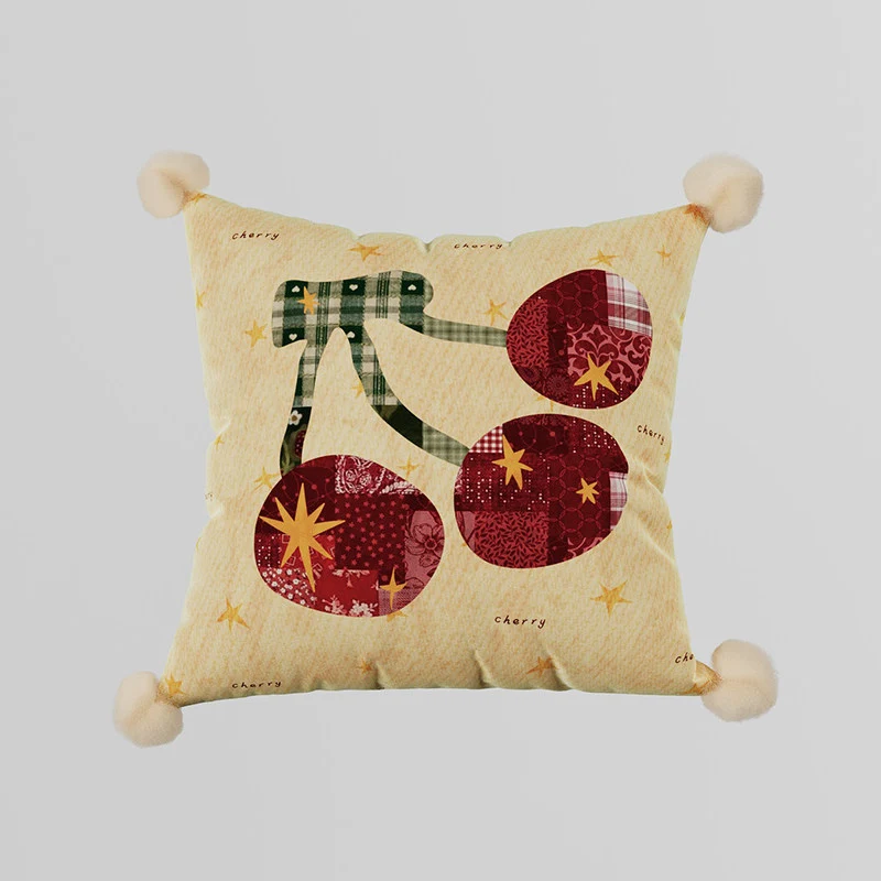 Patchwork Pear Appliqué Decorative Throw Pillow with Pom-Pom Corners