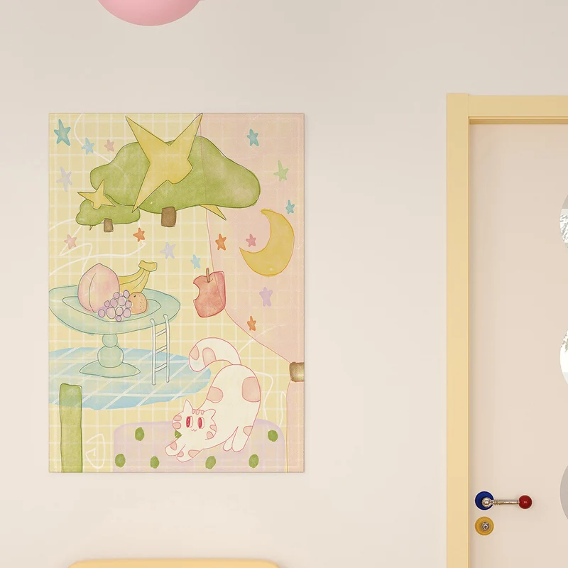 Pastel Grid Illustration Wall Tapestry for Kids Room Decor