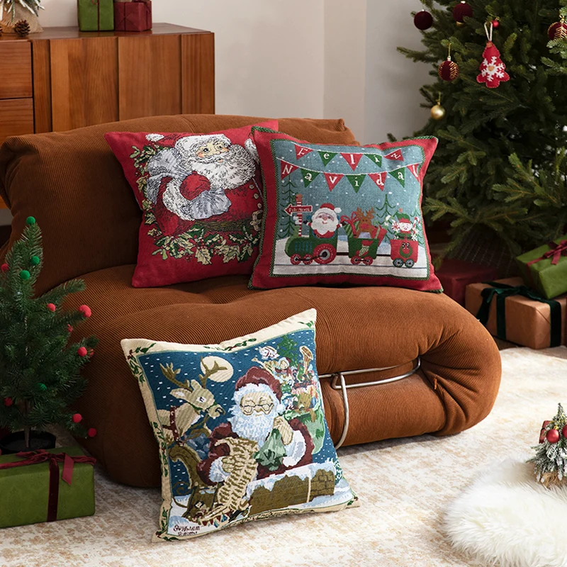 Weihnachtlicher Tapisserie-Kissenbezug mit Santa‑Motiv und gobelinartiger Webstruktur Karnz