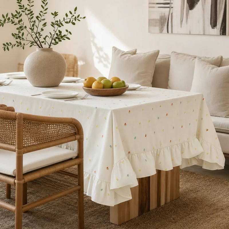 Tischdecke mit besticktem Mini‑Blütenmuster und Volantkante Karnz