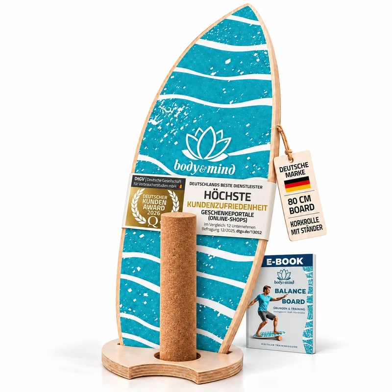 Balance-Board Surfbrett mit Korkrolle & Ständer – Fitness Board 80 cm