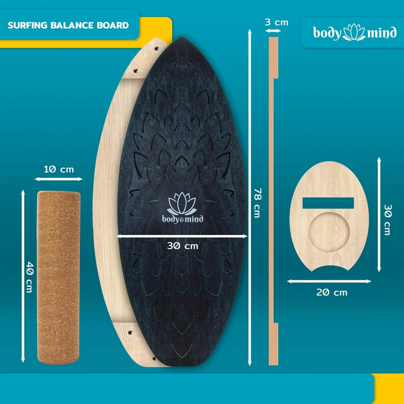 Balance-Board Surfbrett mit Korkrolle & Ständer – Fitness Board 80 cm