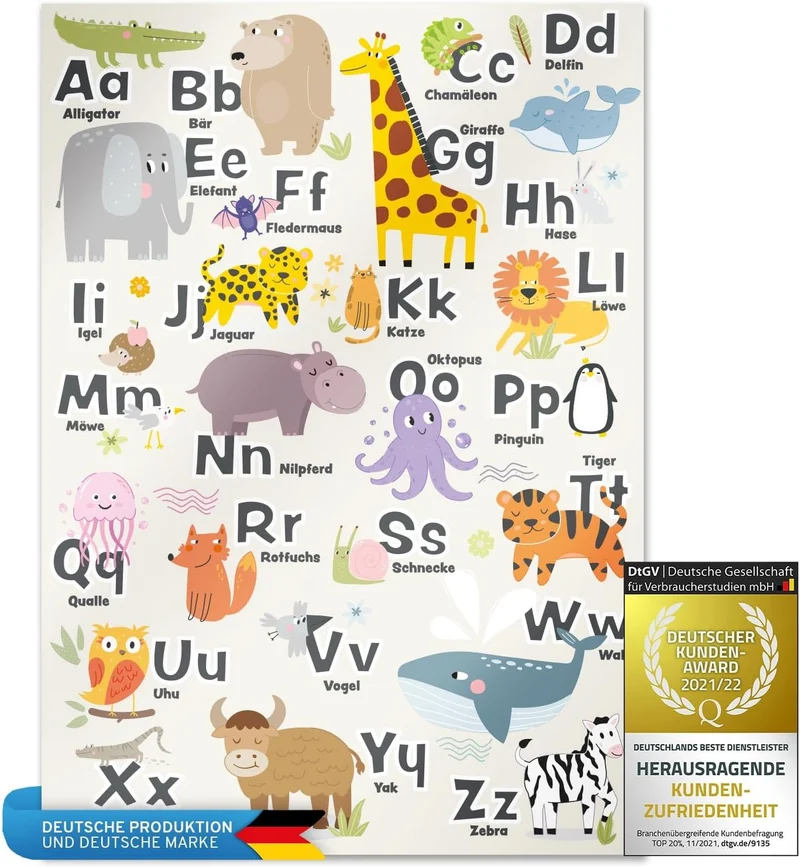 ABC-Kinderposter - Liebevolles Lernposter mit Tieren - 42x60 cm