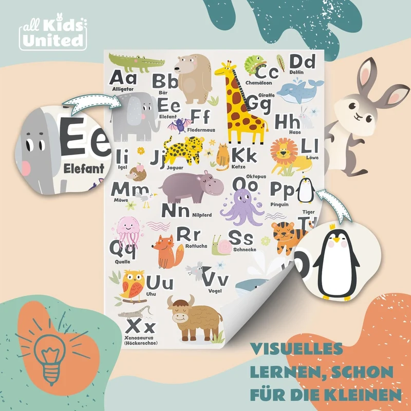 ABC-Kinderposter - Liebevolles Lernposter mit Tieren - 42x60 cm