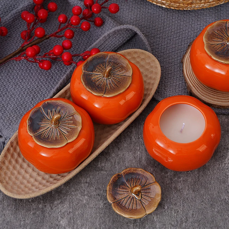 Ceramic Persimmon-Shaped Lidded Trinket Jar Set