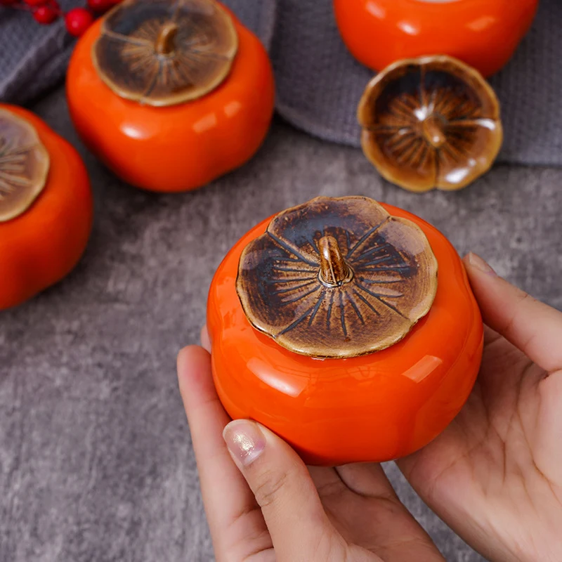 Ceramic Persimmon-Shaped Lidded Trinket Box