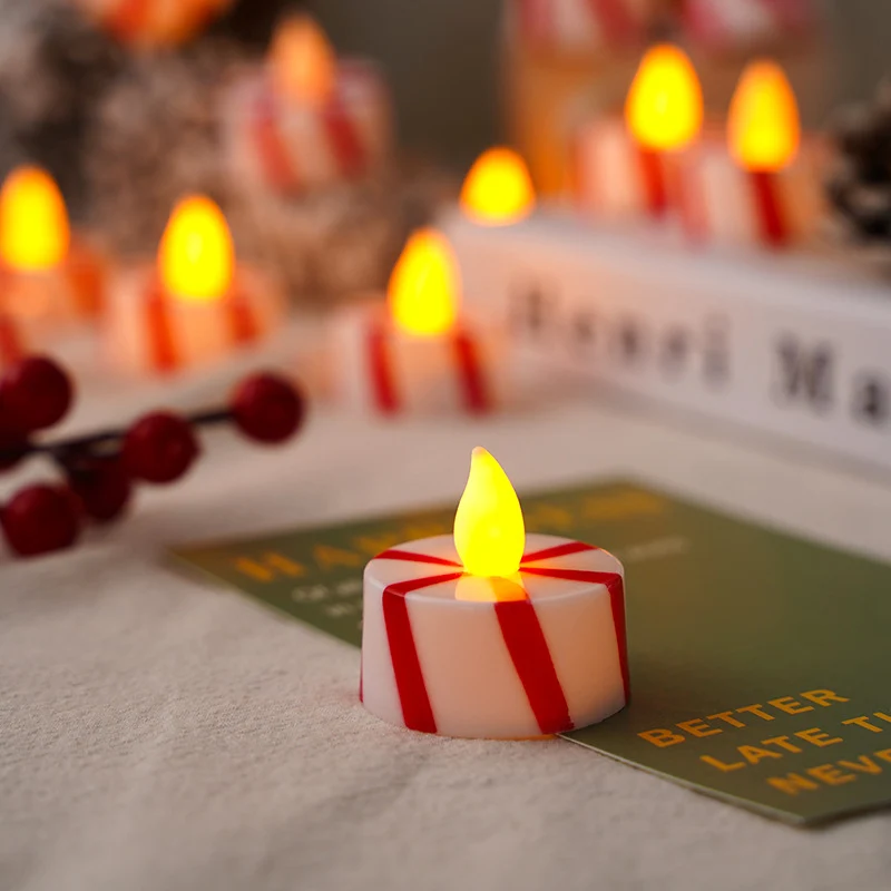 Battery-Operated Flameless LED Peppermint-Striped Tealight Candle for Holiday Tabletop