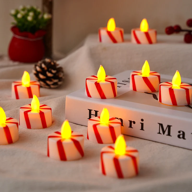 Battery-Operated Flameless LED Peppermint-Striped Tealight Candle for Holiday Tabletop