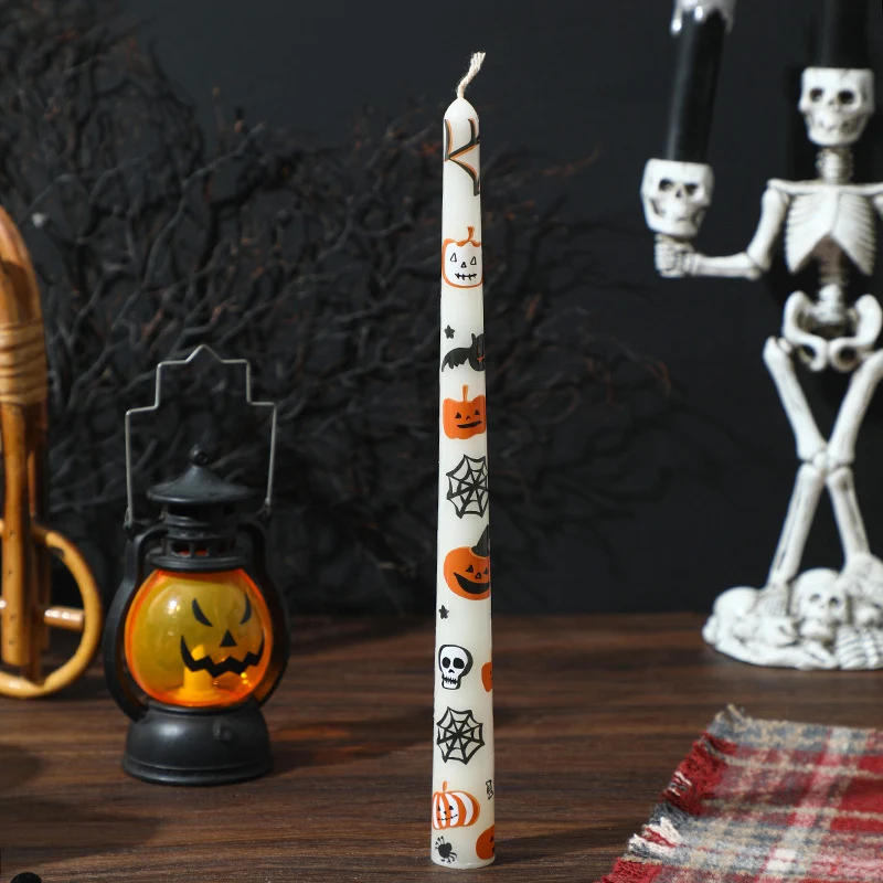 Halloween Decorative Tall Taper Candle with Printed Ghost and Pumpkin Motif