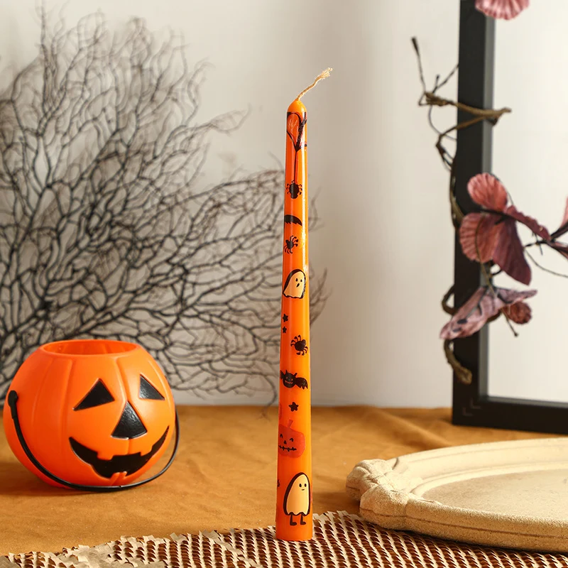 Halloween Decorative Tall Taper Candle with Printed Ghost and Pumpkin Motif