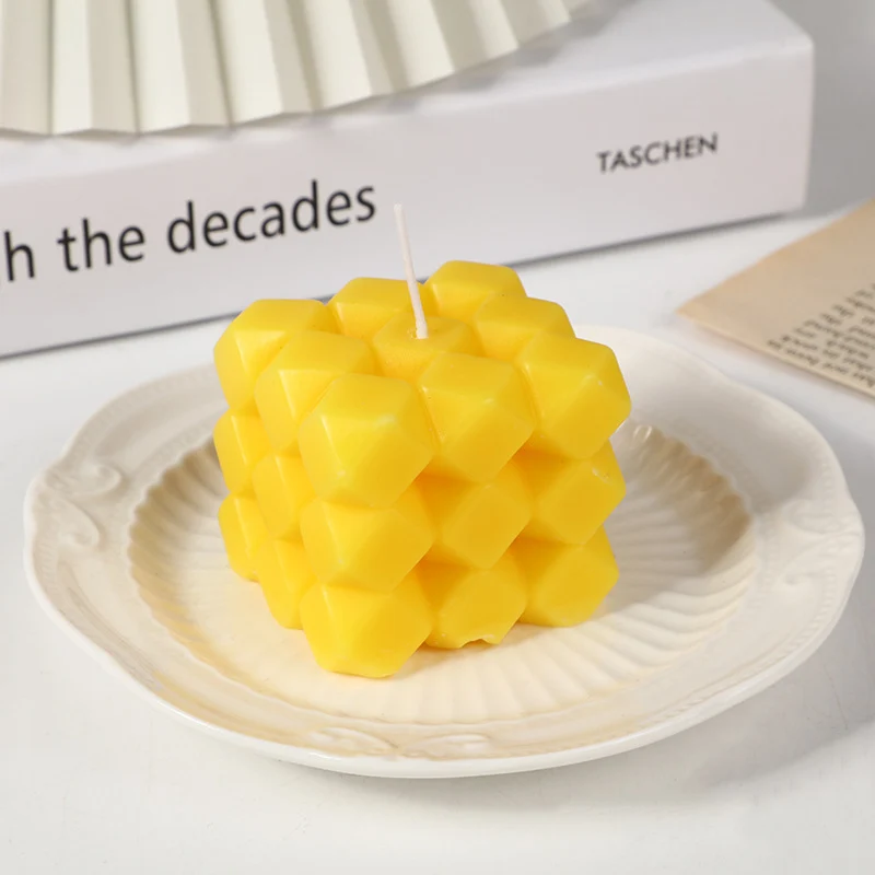 Geometric Honeycomb Cube Sculptural Soy Candle