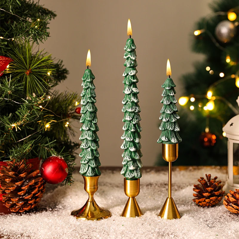 Festive Sculpted Pine Taper Candle Trio with Brass Holders