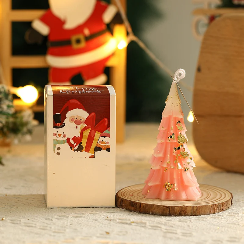Festive Layered Pine-Needle Textured Decorative Tabletop Wax Tree Candle