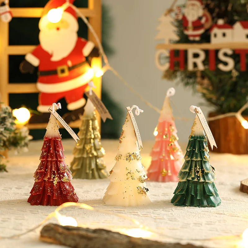 Festive Layered Pine-Needle Textured Decorative Tabletop Wax Tree Candle