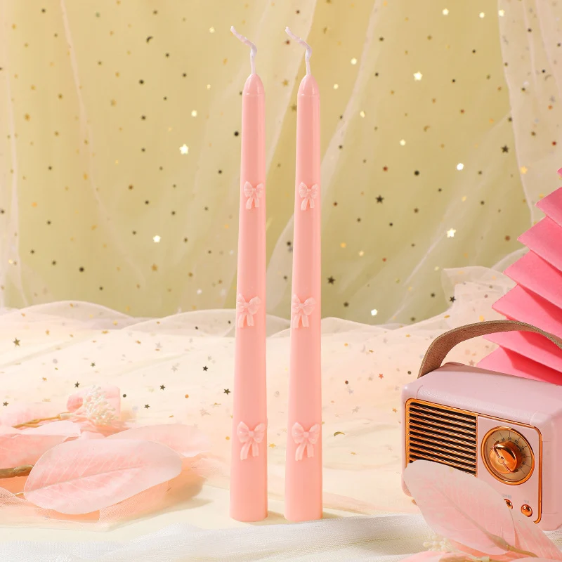 Embossed Bow-Accent Long Taper Candle Pair for Table Centerpiece