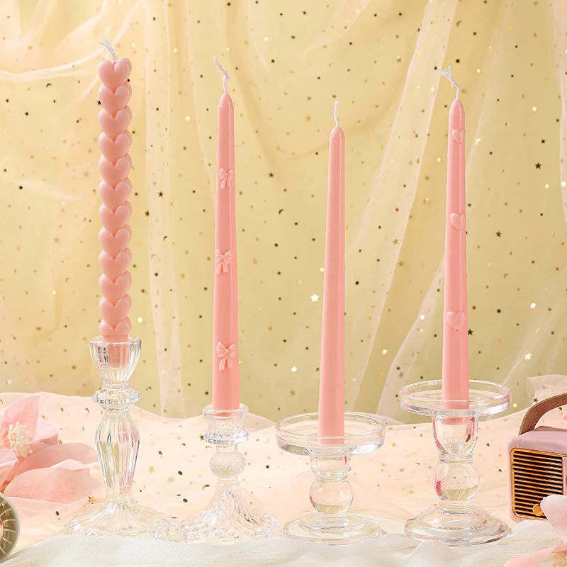 Embossed Bow-Accent Long Taper Candle Pair for Table Centerpiece