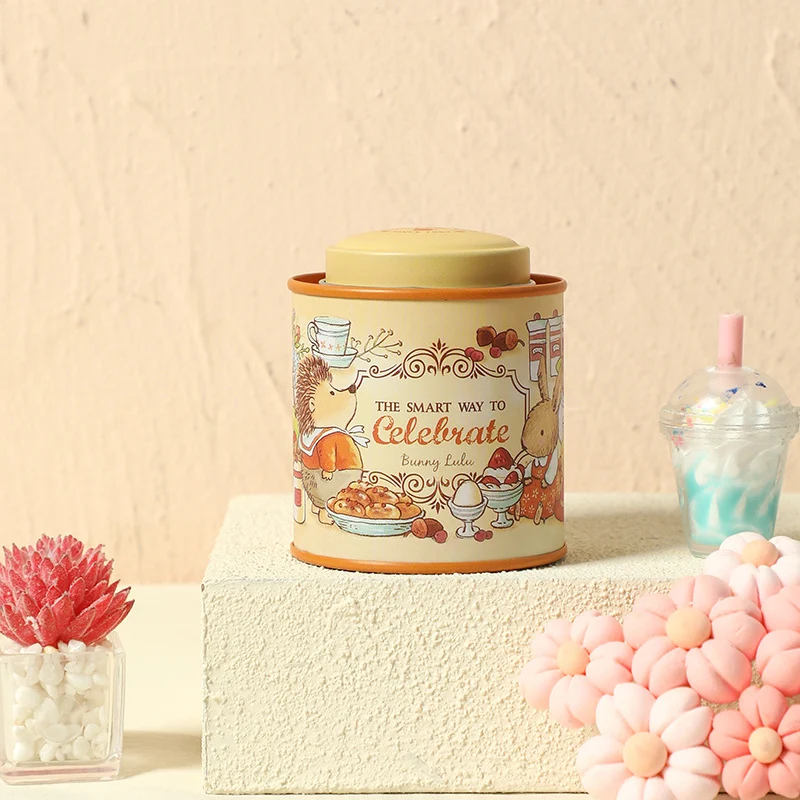 Decorative Tin Storage Canister with Illustrated Wedding Bunny Couple