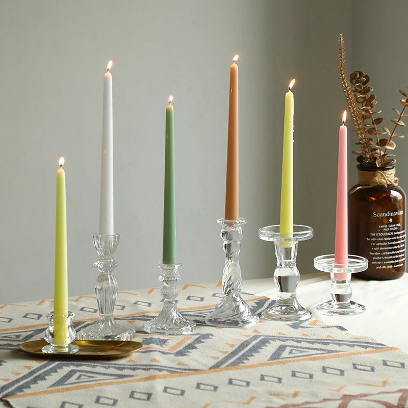 Decorative Taper Candle Set with Mixed-Height Glass and Brass Holders