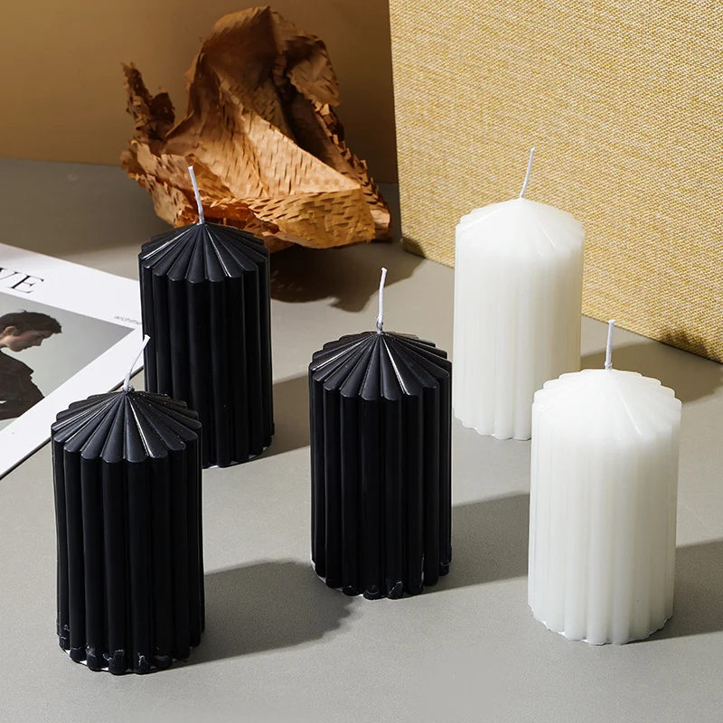Decorative Pleated Column Pillar Candle with Cotton Wick and Slow-Burn Wax