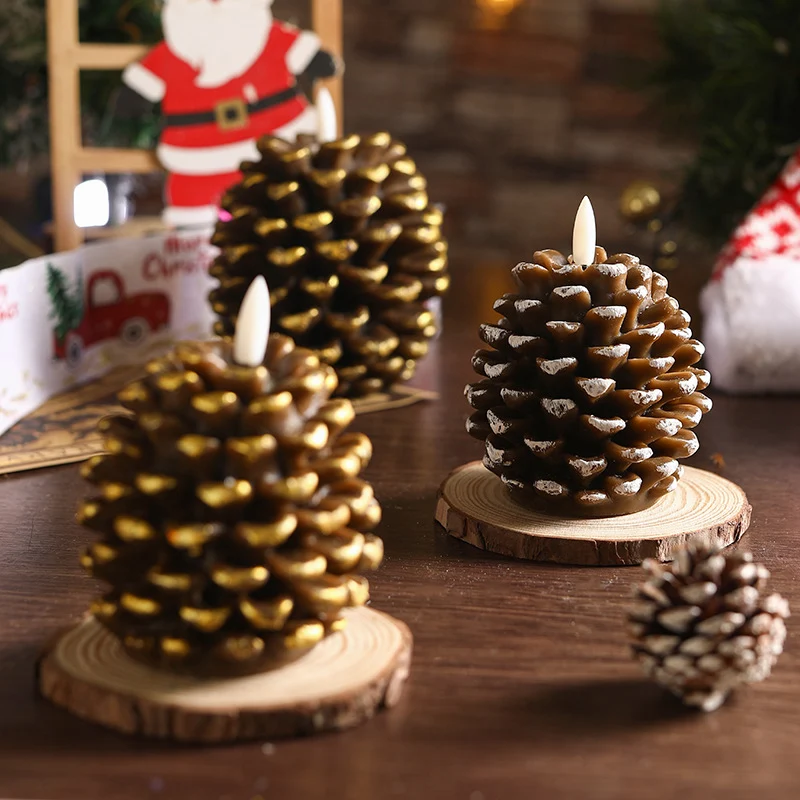 Decorative Pinecone Flameless LED Candle Set with Glittered Accents and Natural Wood Slice Bases