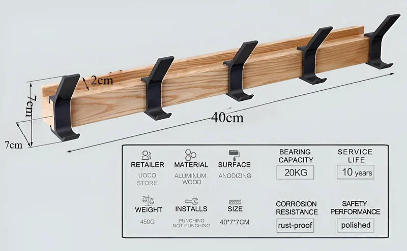 HookMov Kleiderhänger - Multifunktionaler Wandhalter aus Holz mit Aluminiumhaken