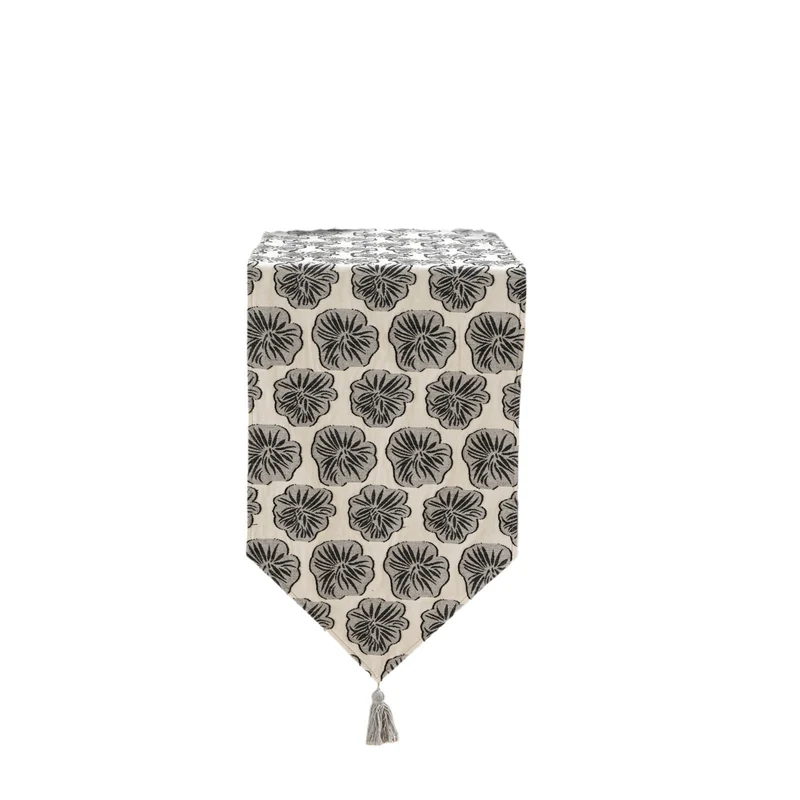 Woven double-sided linen table runner with tassels and hand-drawn swallow print Stornfield