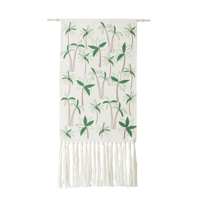 Woven wall hanging with floral jacquard structure and long fringes Stornfield
